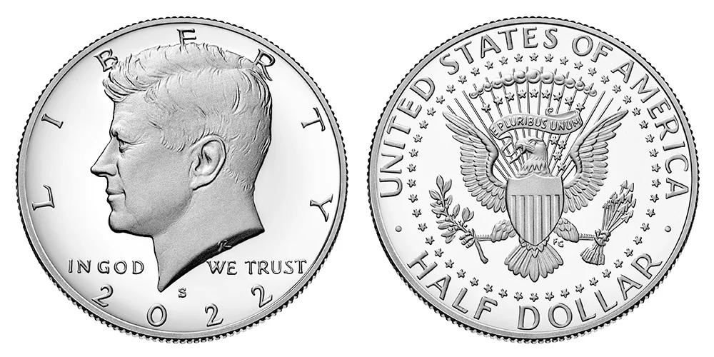 2022 Kennedy half dollar obverse and reverse showing JFK portrait and eagle design