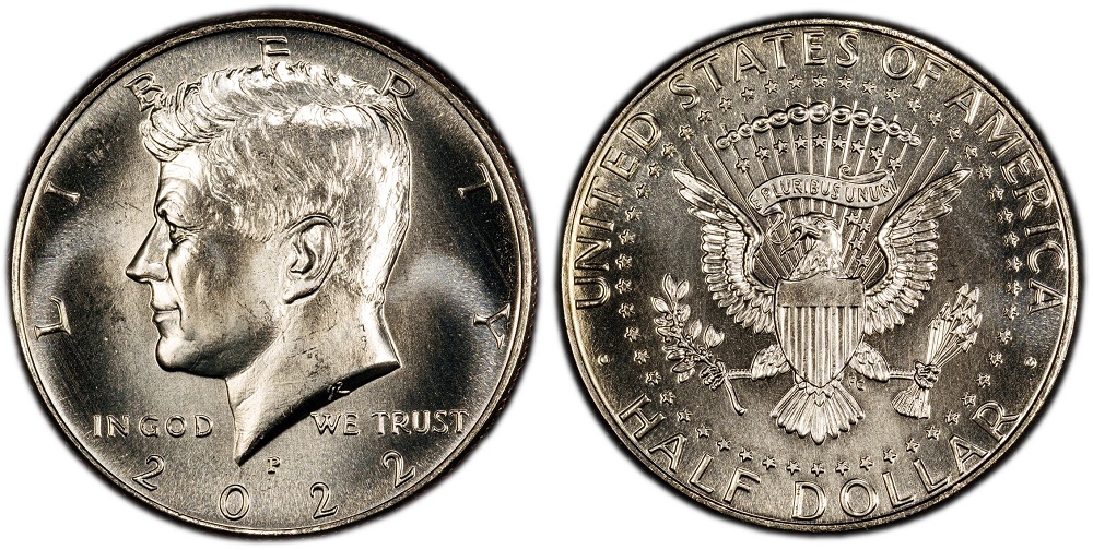 Side-by-side comparison of a circulated 2022 Kennedy half dollar vs a gem MS67 uncirculated example