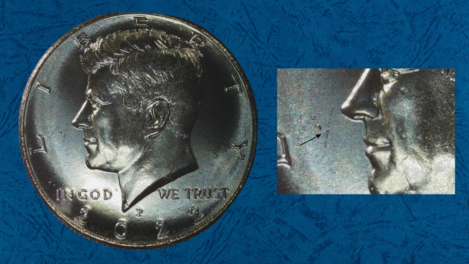 Close-up of die break cud error on 2022-D Kennedy half dollar rim showing raised V-shaped notch