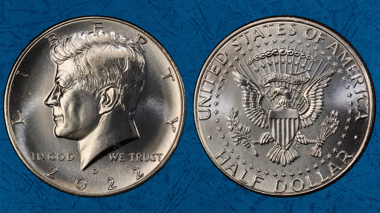 Magnified view of 2022-D Kennedy half dollar DDO showing doubling on Y and R in LIBERTY lettering