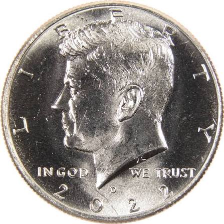 Macro close-up of 2022-D/S over-mintmark error showing ghost S beneath the D on a Kennedy half dollar