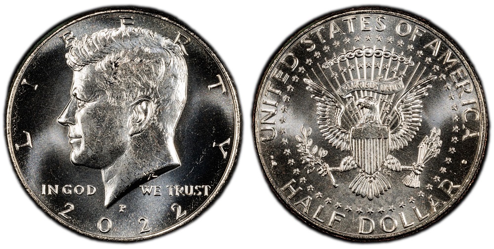 Grading strip showing four 2022 Kennedy half dollars from worn to gem MS67 condition side by side